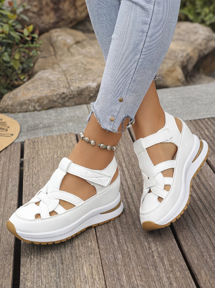 Orlise - Velcro-Strap Rubber-Sole Wedge Sandals