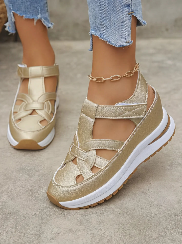 Orlise - Velcro-Strap Rubber-Sole Wedge Sandals