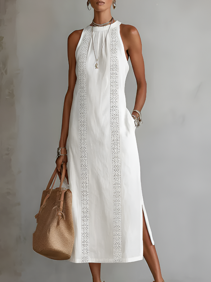 Tevara - Stand Collar Technical Weave Midi Dress