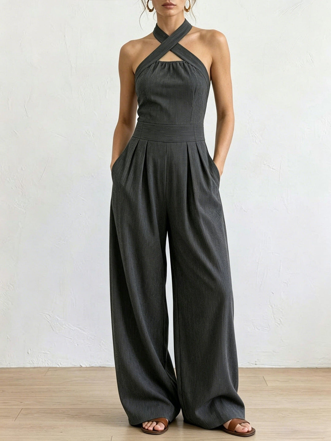 Sevona - Surplice Neck Linen-Cotton Jumpsuit