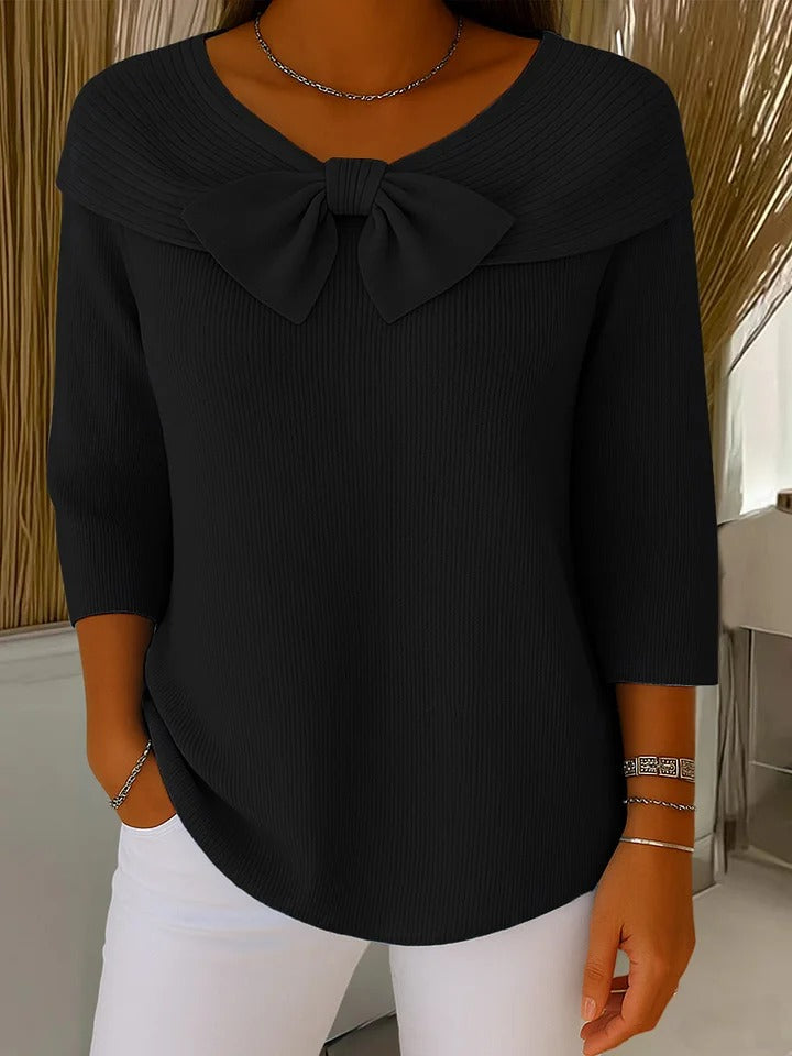 Reniva - Bow-Neck Rib Knit Sweater