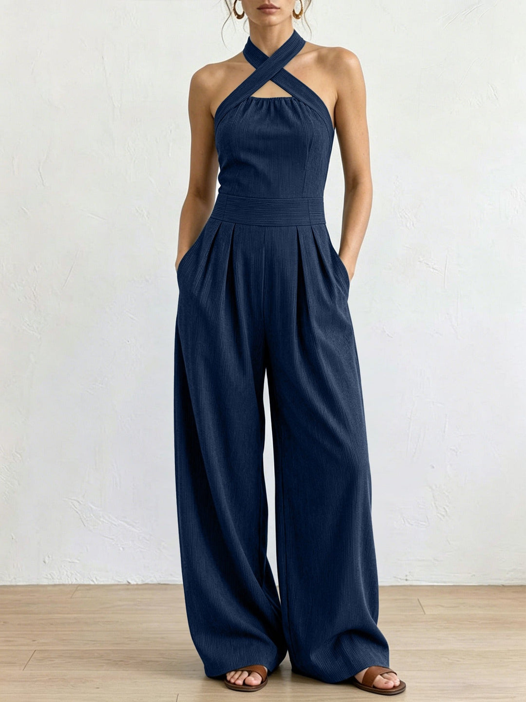 Sevona - Surplice Neck Linen-Cotton Jumpsuit