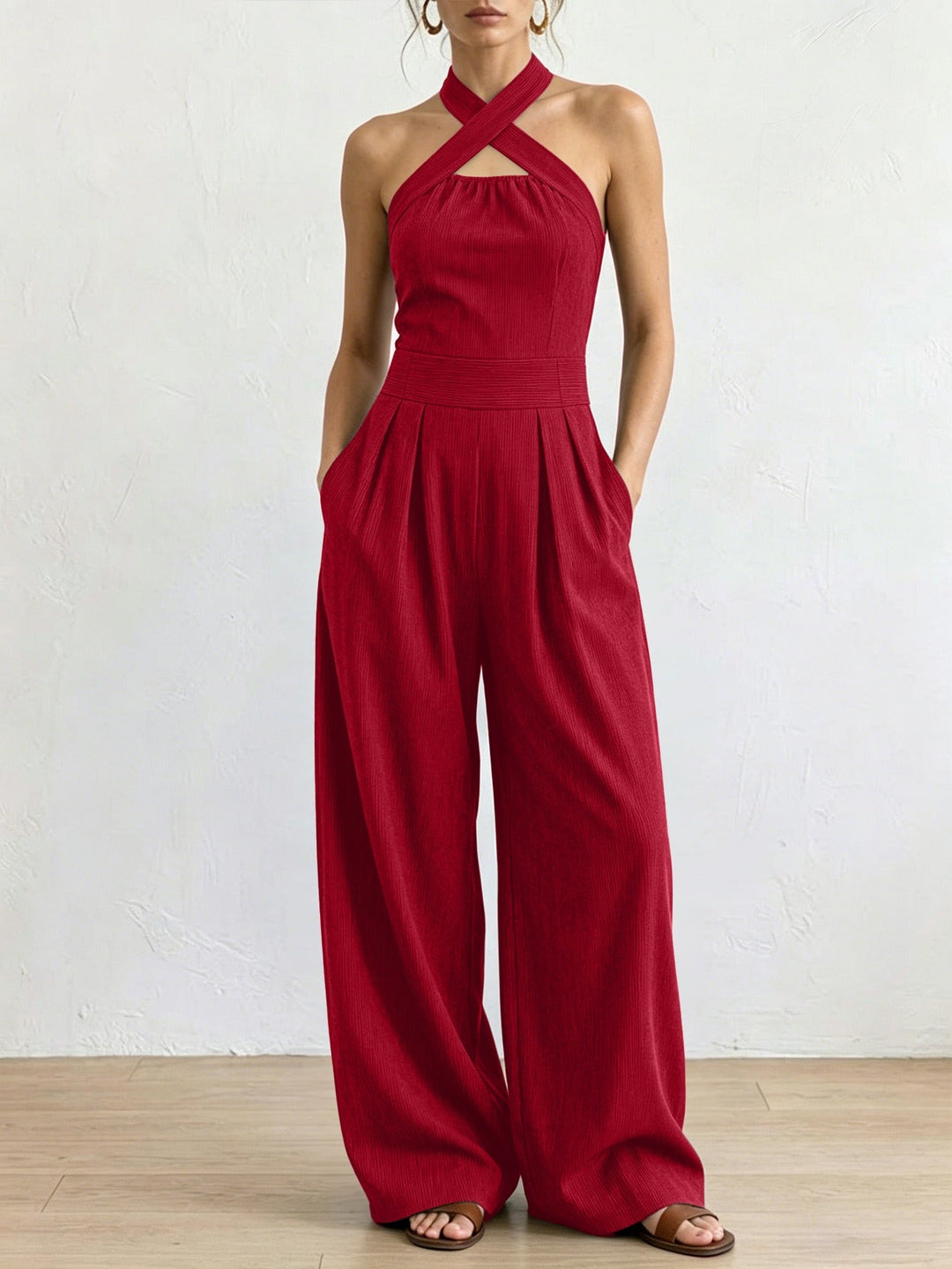 Sevona - Surplice Neck Linen-Cotton Jumpsuit