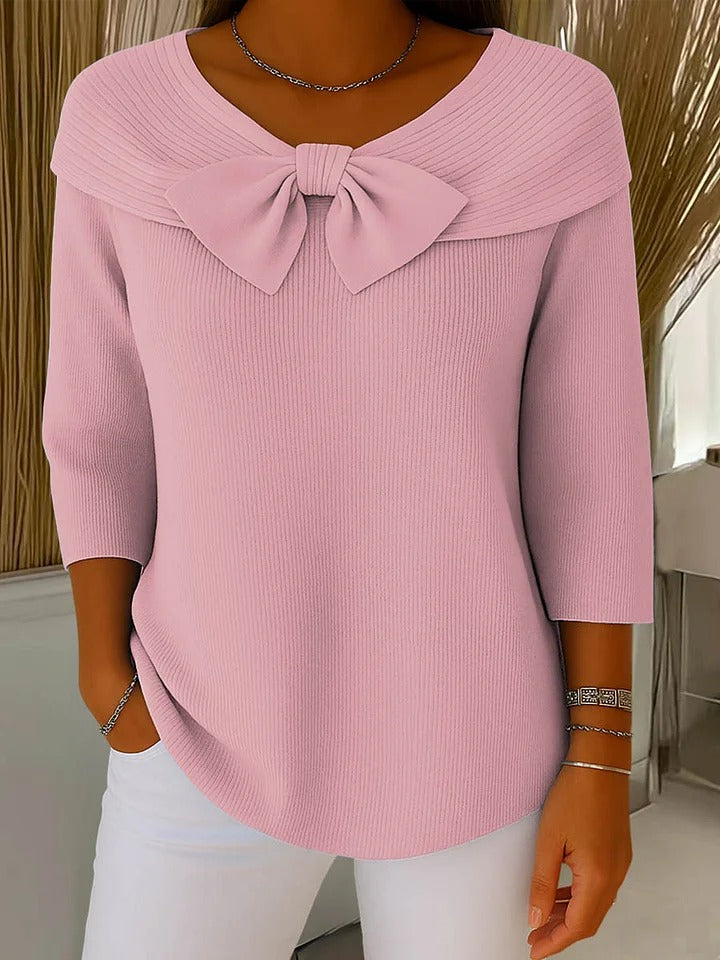 Reniva - Bow-Neck Rib Knit Sweater