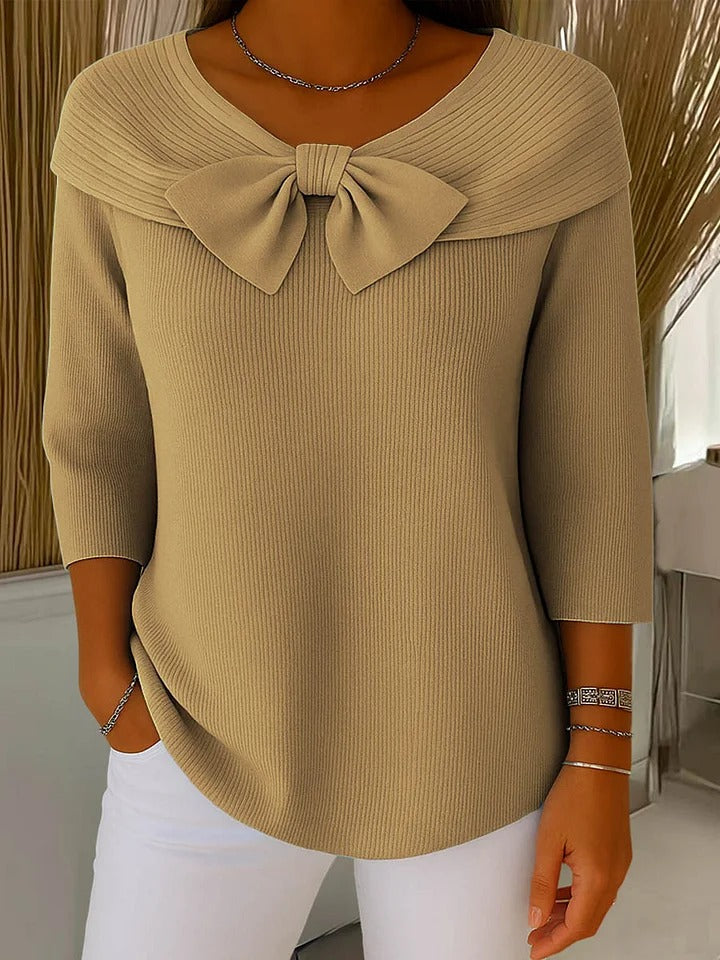 Reniva - Bow-Neck Rib Knit Sweater