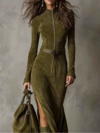 Navira - Belted Suede-Effect Dress