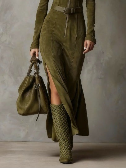 Navira - Belted Suede-Effect Dress