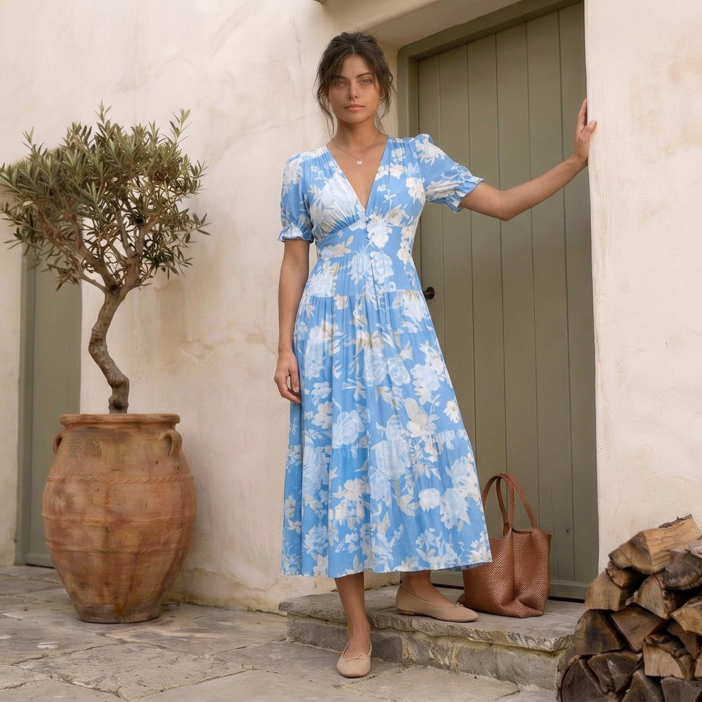 Nelora - V-Neck Floral Maxi Dress
