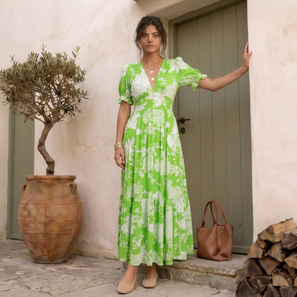 Nelora - V-Neck Floral Maxi Dress