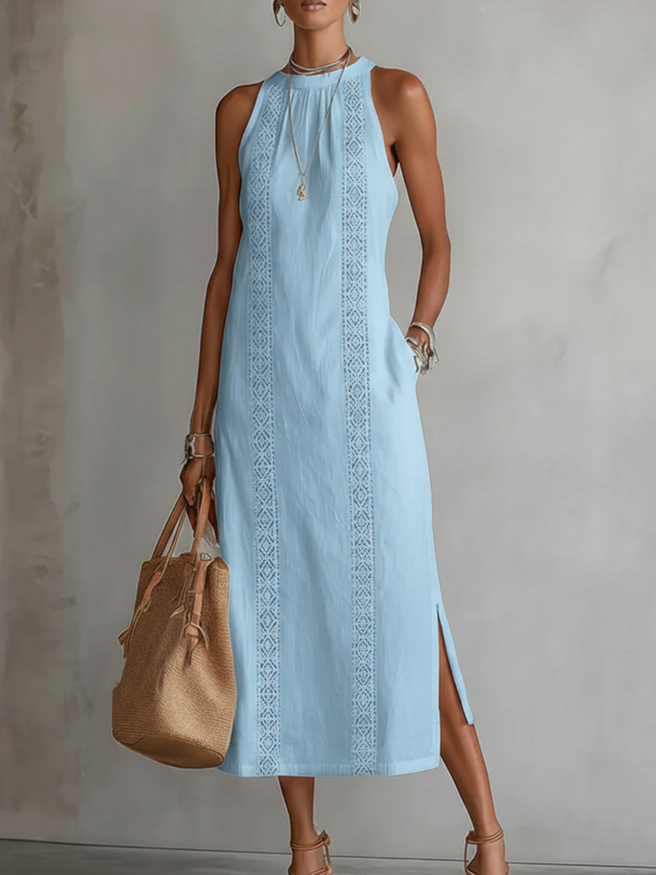 Tevara - Stand Collar Technical Weave Midi Dress