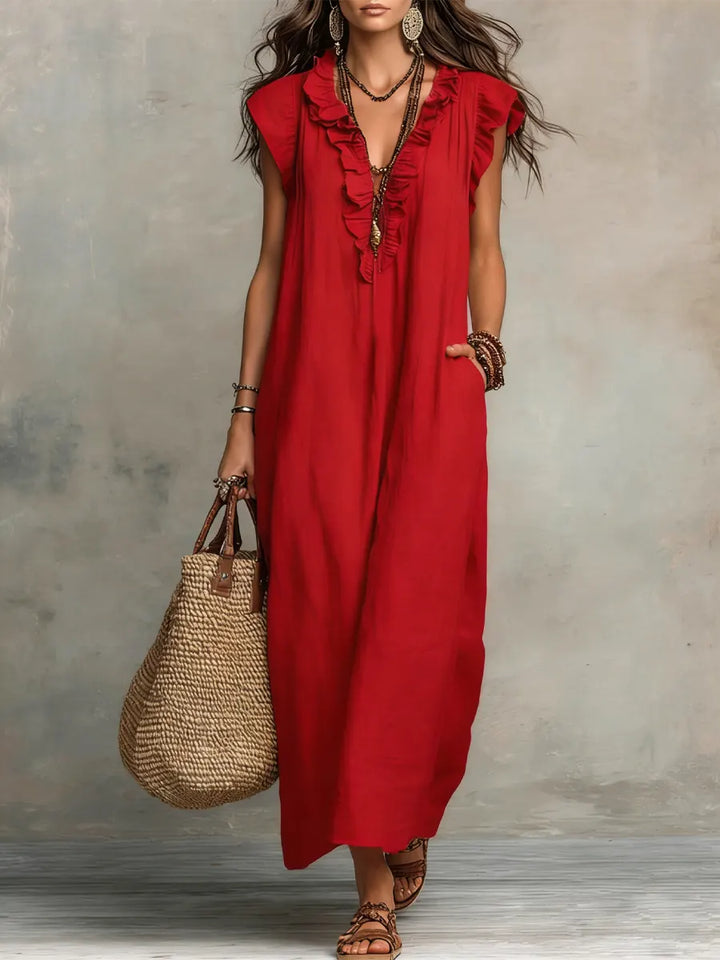 Avyra - Ruffle-Trim Linen-Cotton Long Dress