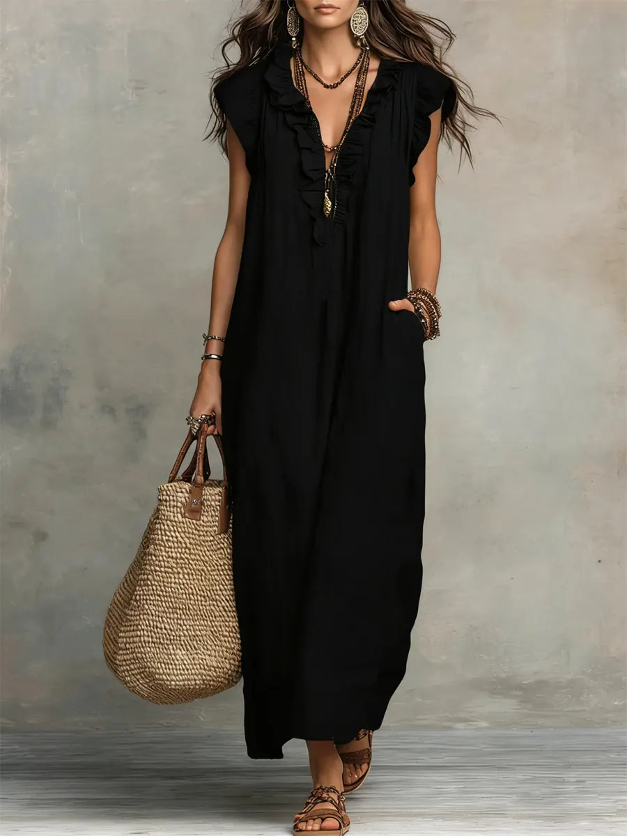 Avyra - Ruffle-Trim Linen-Cotton Long Dress