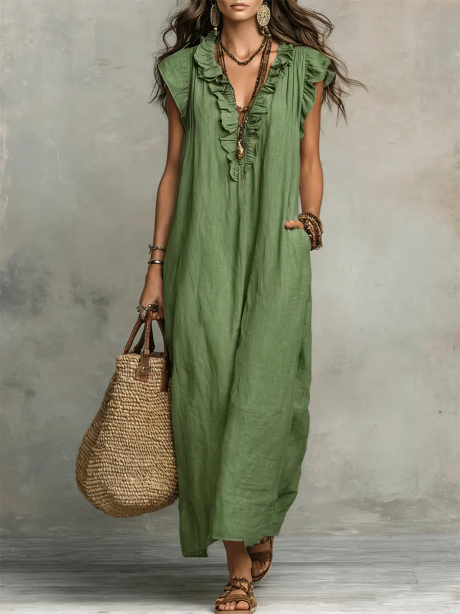 Avyra - Ruffle-Trim Linen-Cotton Long Dress