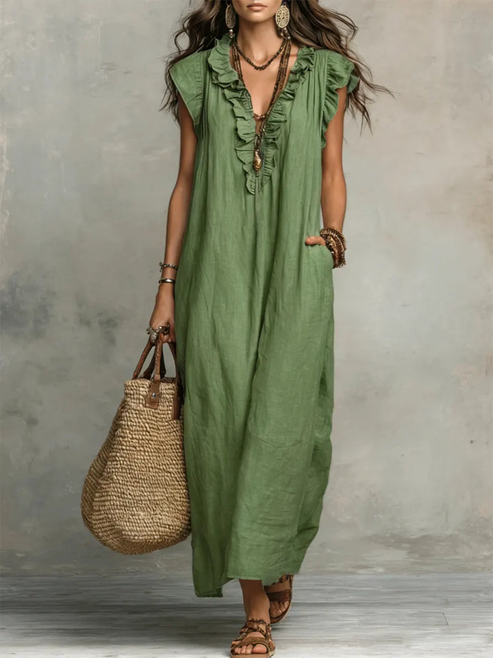 Avyra - Ruffle-Trim Linen-Cotton Long Dress