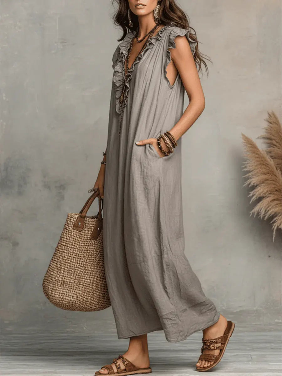 Avyra - Ruffle-Trim Linen-Cotton Long Dress