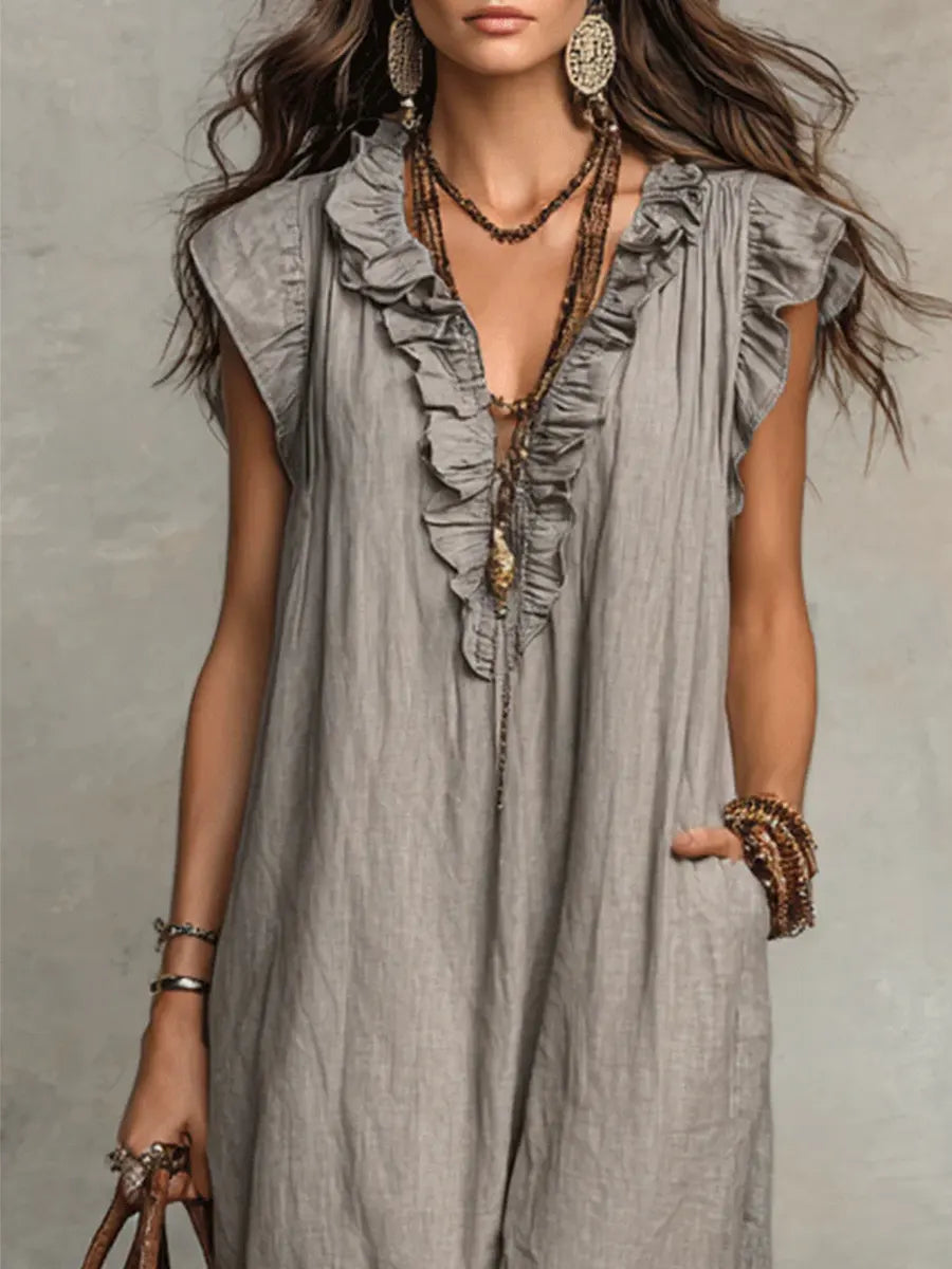 Avyra - Ruffle-Trim Linen-Cotton Long Dress