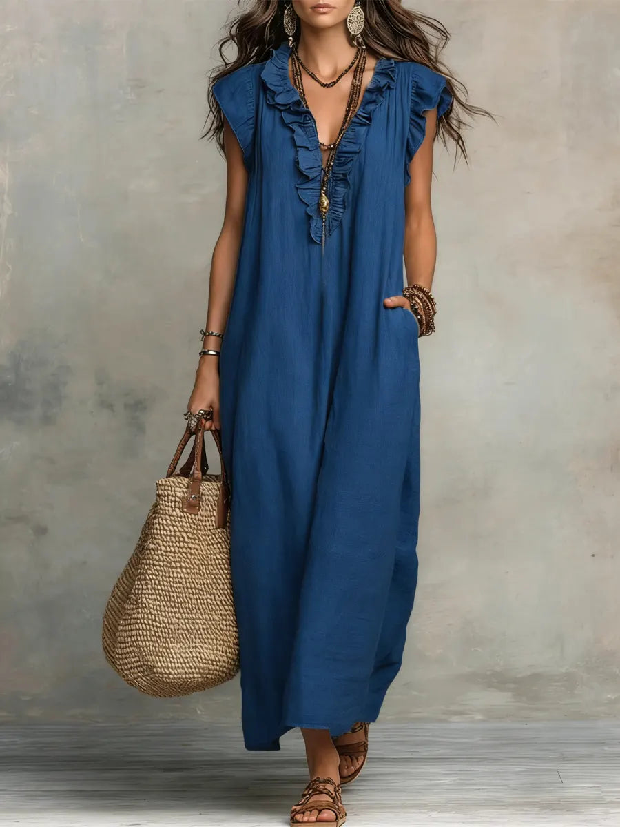 Avyra - Ruffle-Trim Linen-Cotton Long Dress
