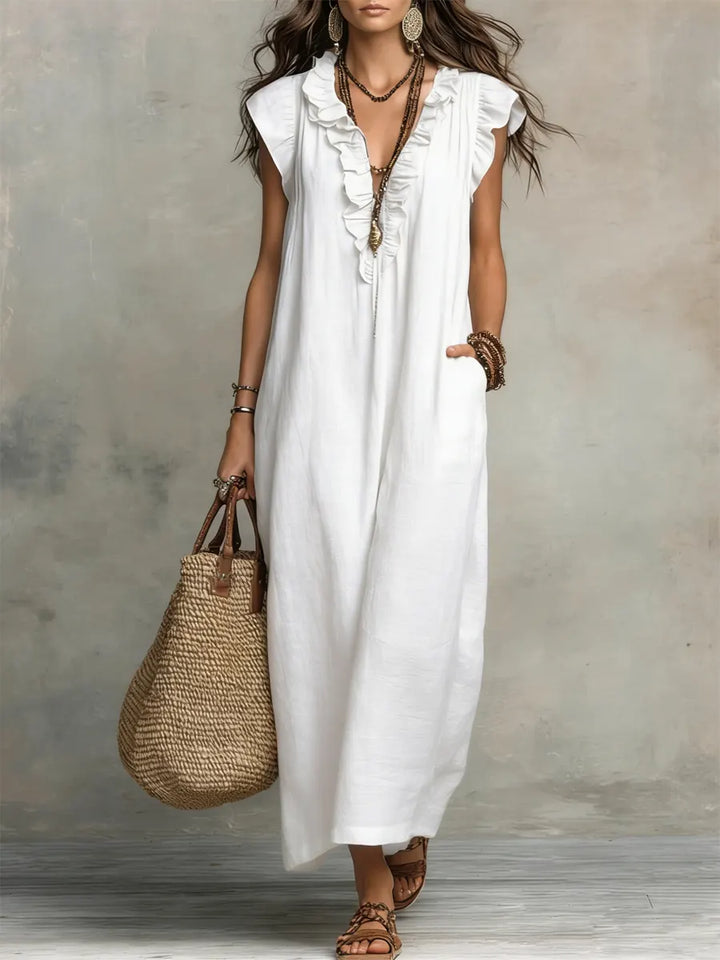 Avyra - Ruffle-Trim Linen-Cotton Long Dress