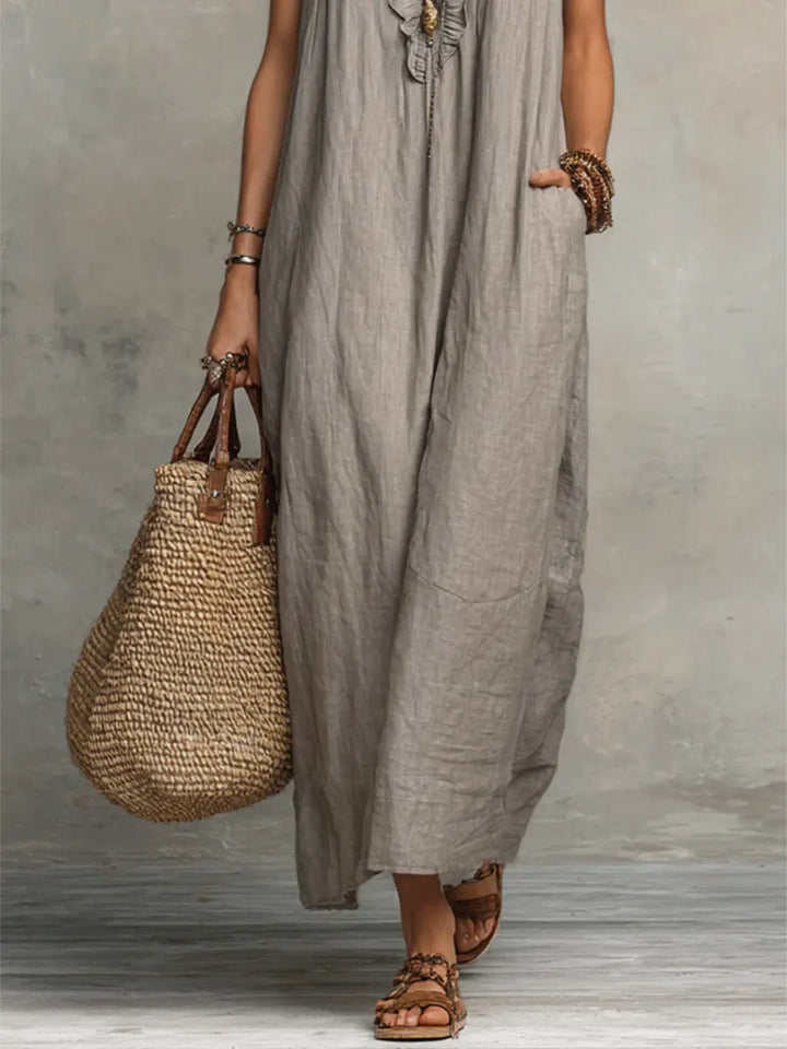 Avyra - Ruffle-Trim Linen-Cotton Long Dress