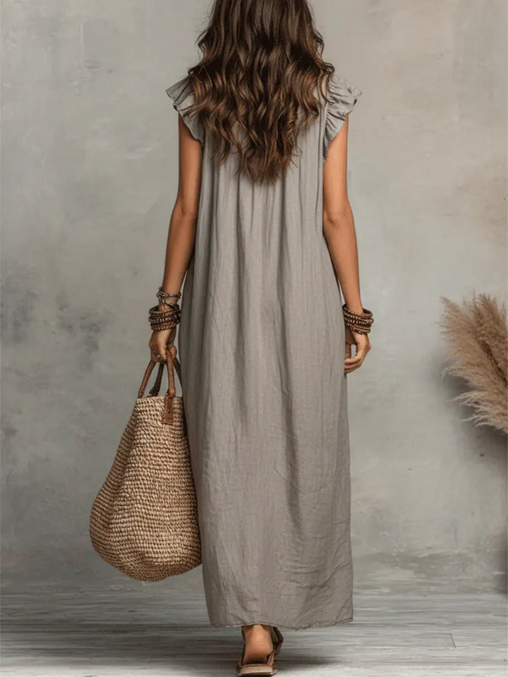 Avyra - Ruffle-Trim Linen-Cotton Long Dress