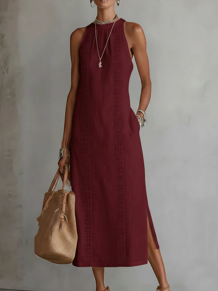 Tevara - Stand Collar Technical Weave Midi Dress