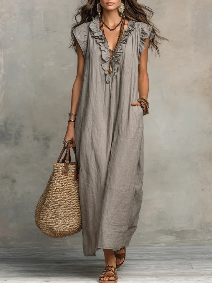 Avyra - Ruffle-Trim Linen-Cotton Long Dress