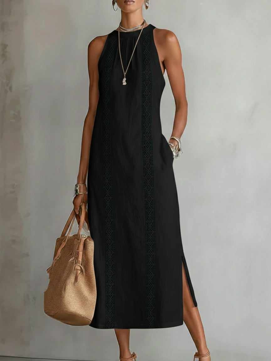 Tevara - Stand Collar Technical Weave Midi Dress