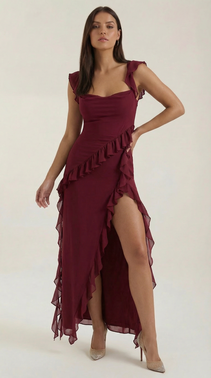 Avenna - Asymmetrical Ruffle Woven Long Dress