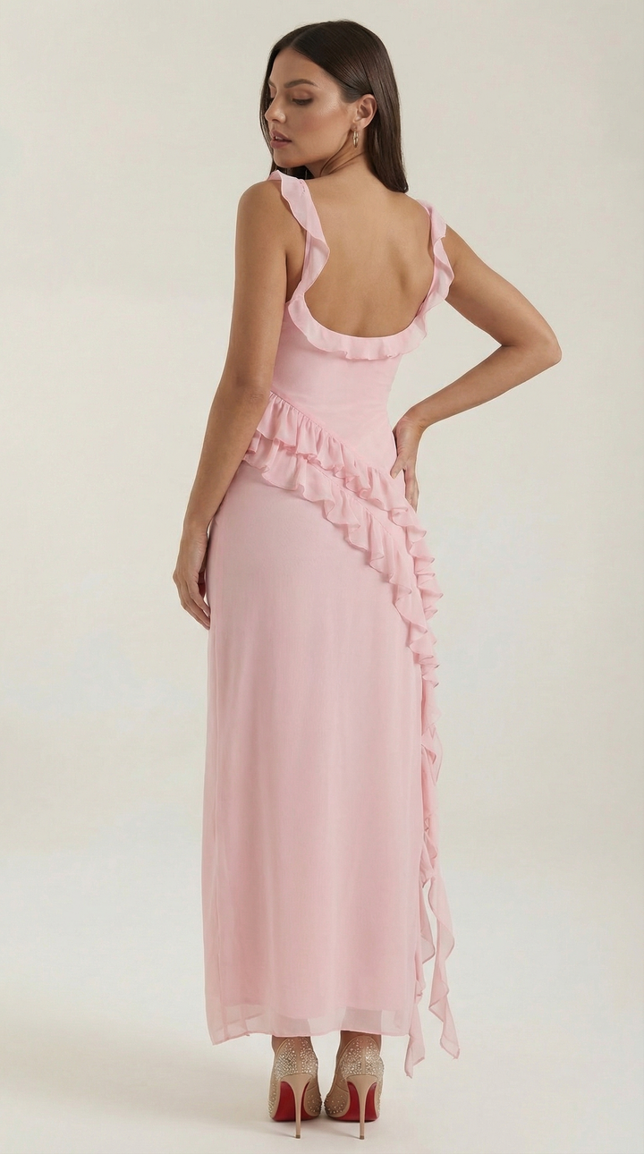 Avenna - Asymmetrical Ruffle Woven Long Dress