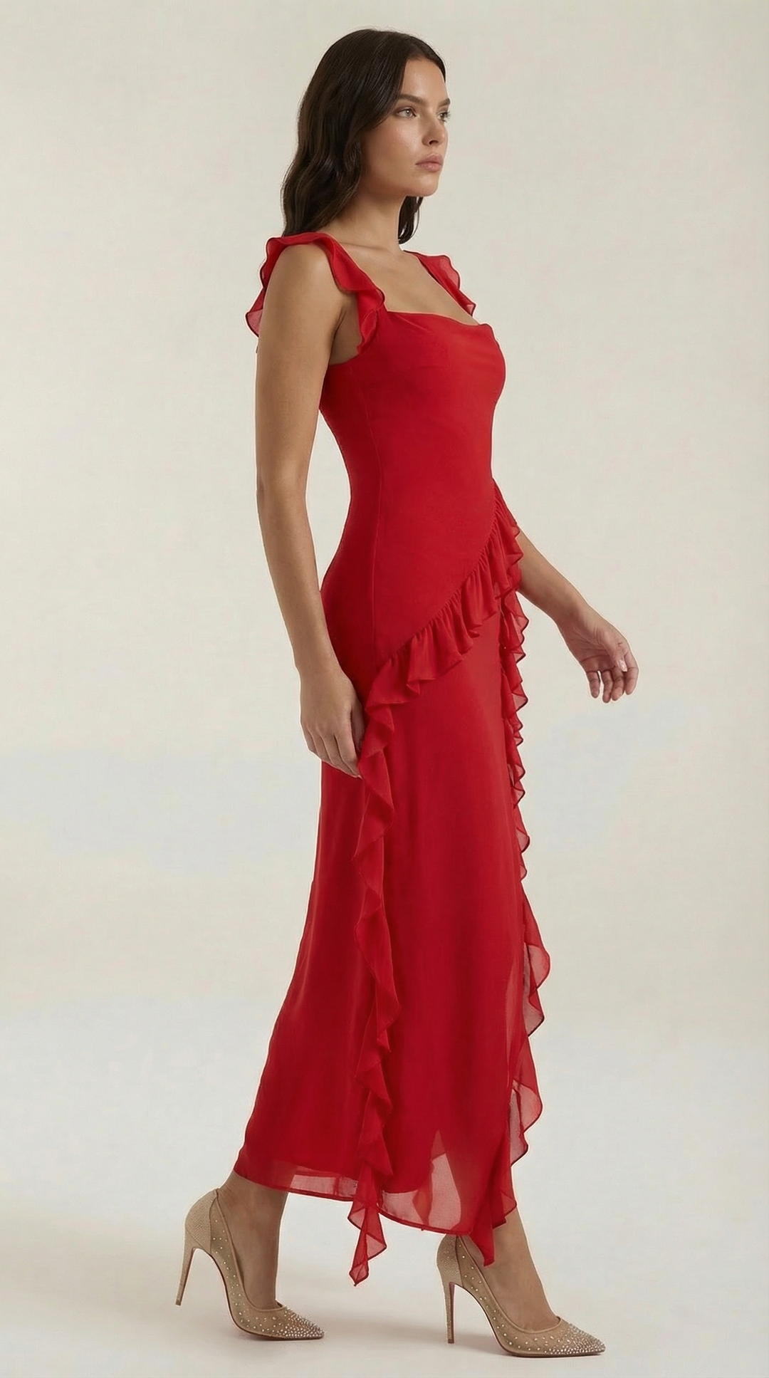 Avenna - Asymmetrical Ruffle Woven Long Dress
