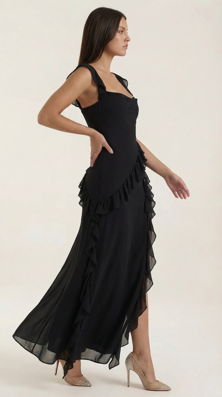 Avenna - Asymmetrical Ruffle Woven Long Dress