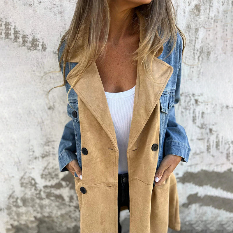 Calyra - Denim Stitching Stretch Woven Trench Coat