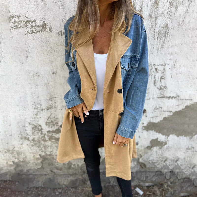 Calyra - Denim Stitching Stretch Woven Trench Coat