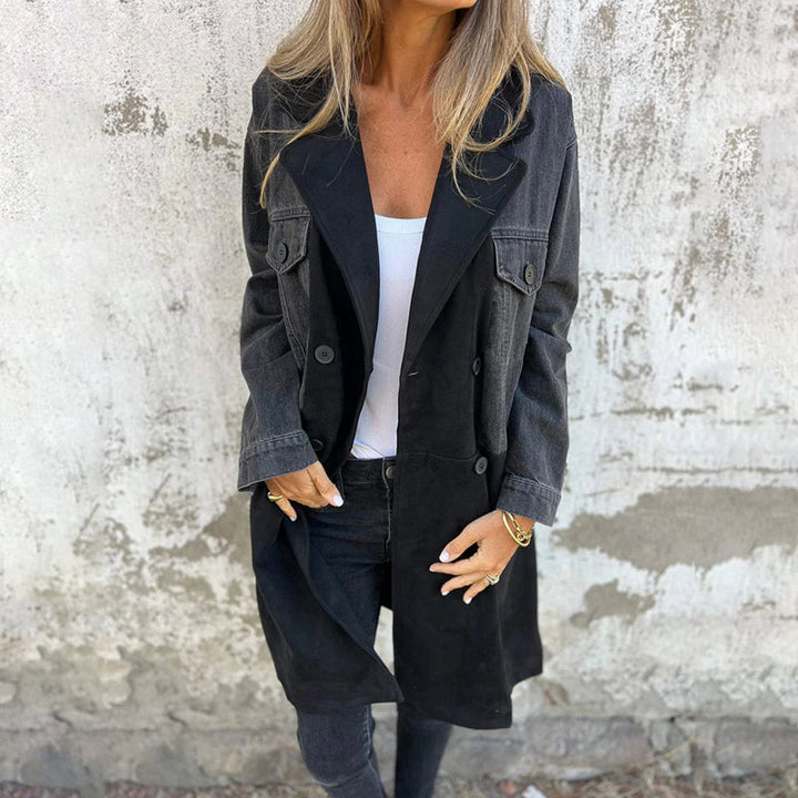 Calyra - Denim Stitching Stretch Woven Trench Coat