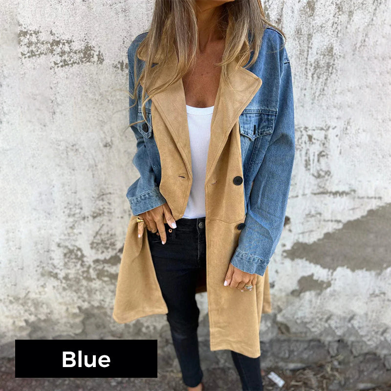 Calyra - Denim Stitching Stretch Woven Trench Coat