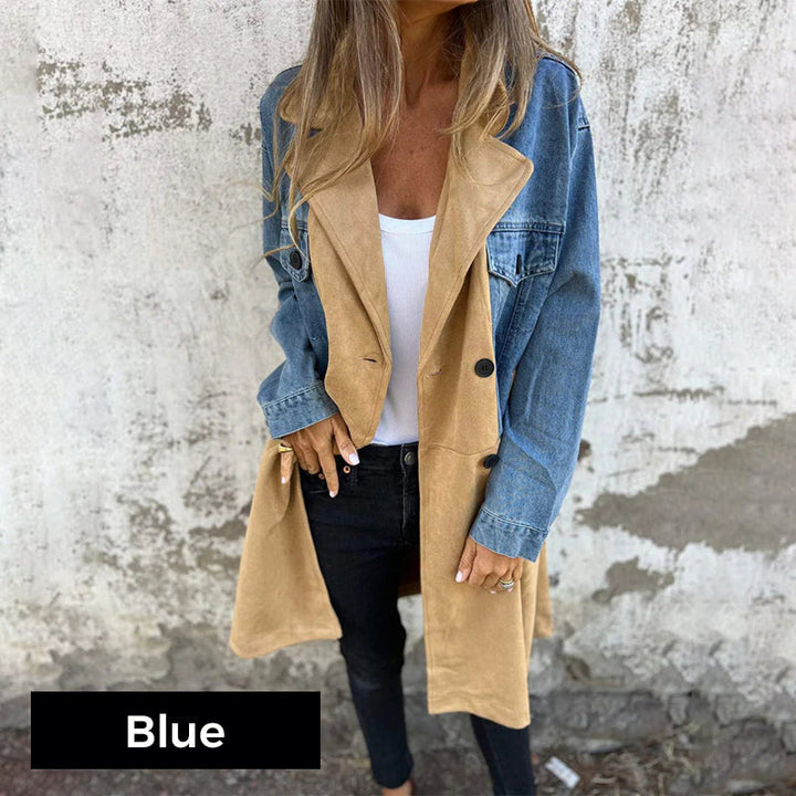 Calyra - Denim Stitching Stretch Woven Trench Coat