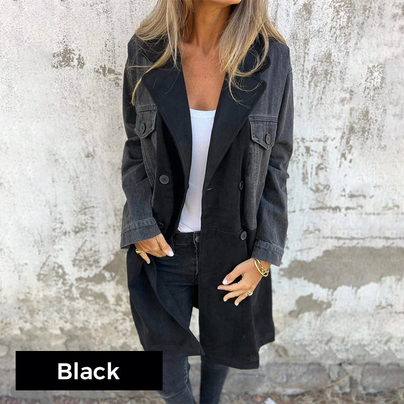 Calyra - Denim Stitching Stretch Woven Trench Coat