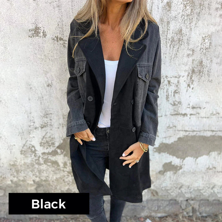 Calyra - Denim Stitching Stretch Woven Trench Coat