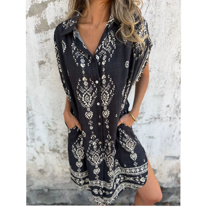 Serava - V-Neck Cotton-Linen Dress