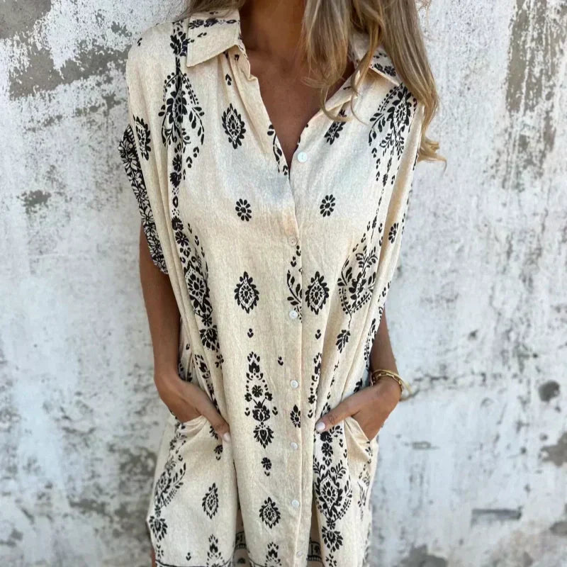 Serava - V-Neck Cotton-Linen Dress