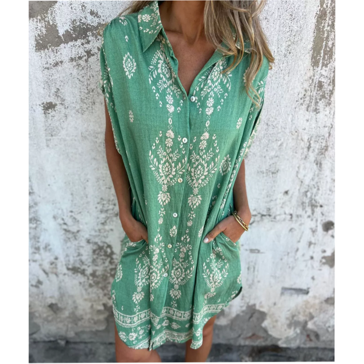 Serava - V-Neck Cotton-Linen Dress