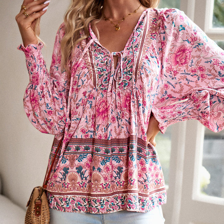Calira - Tie V-Neck Cotton Shirt