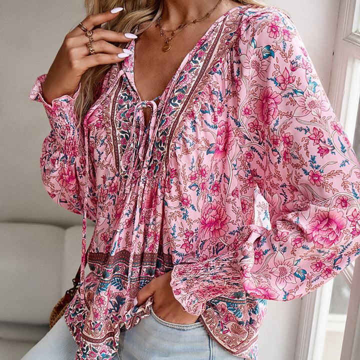 Calira - Tie V-Neck Cotton Shirt
