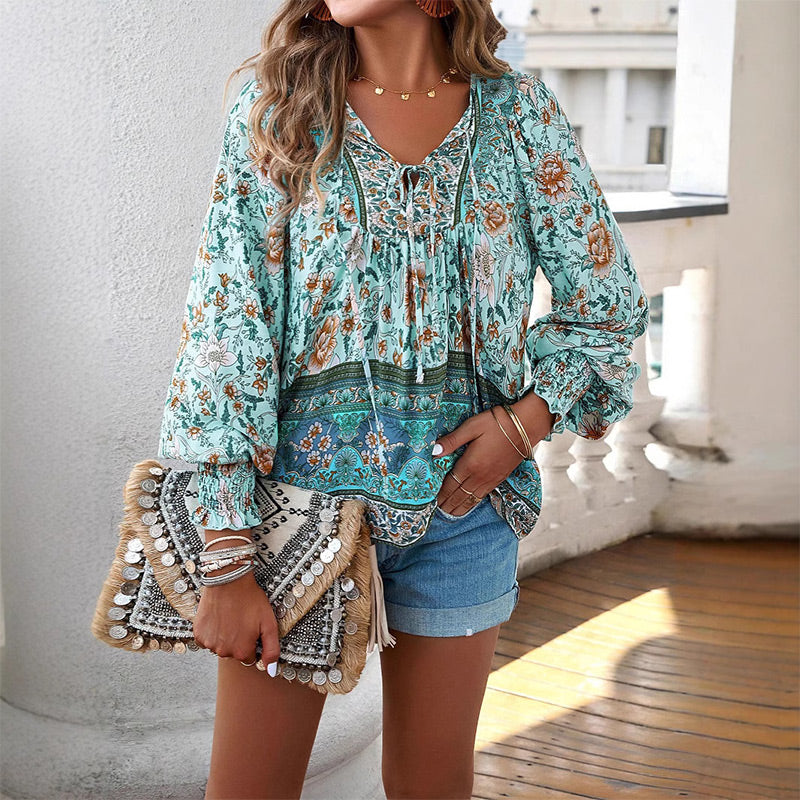 Calira - Tie V-Neck Cotton Shirt
