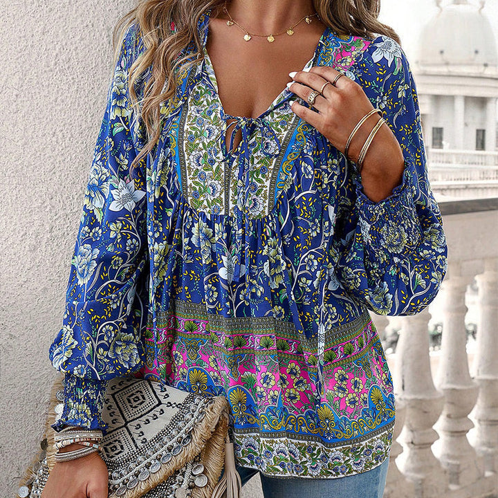 Calira - Tie V-Neck Cotton Shirt