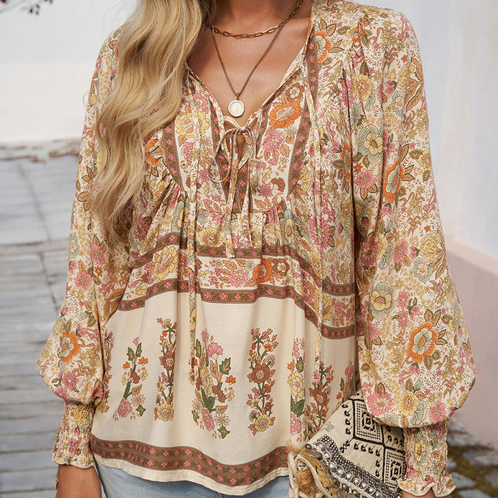 Calira - Tie V-Neck Cotton Shirt