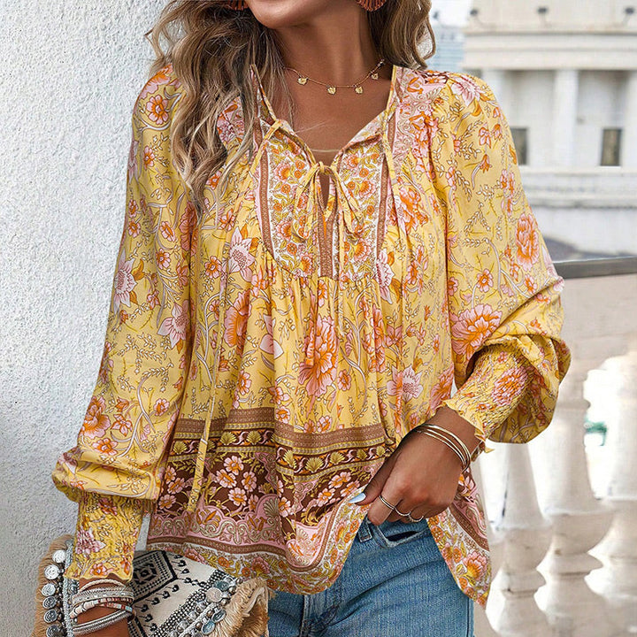 Calira - Tie V-Neck Cotton Shirt