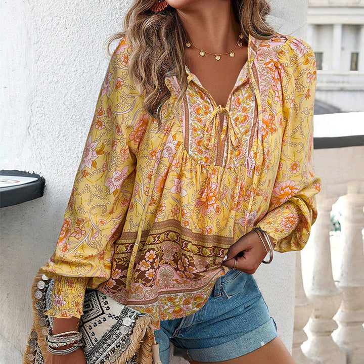 Calira - Tie V-Neck Cotton Shirt