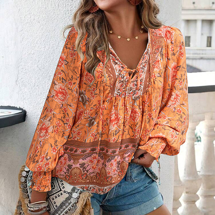 Calira - Tie V-Neck Cotton Shirt