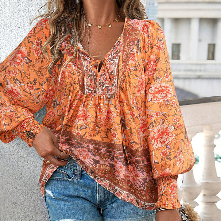 Calira - Tie V-Neck Cotton Shirt